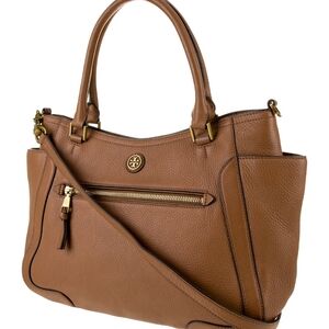 TORY BURCH Tote Pebble Leather Crossbody Sachel GOLD Accents Purse Brown Large